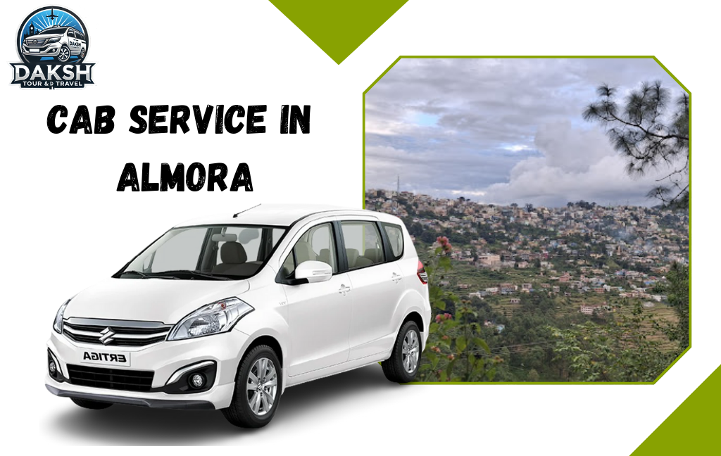 Cab service in Almora by Daksh Tour and Travel. White Suzuki Ertiga with Almora city Background