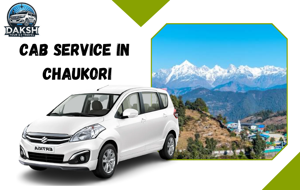 Cab service in Chaukori by Daksh Tour and Travel. White Suzuki Ertiga with Chaukori city Background