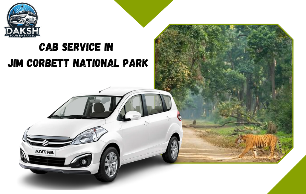 Cab service in Jim Corbett National Park by Daksh Tour and Travel. White Suzuki Ertiga with Jim Corbett city Background