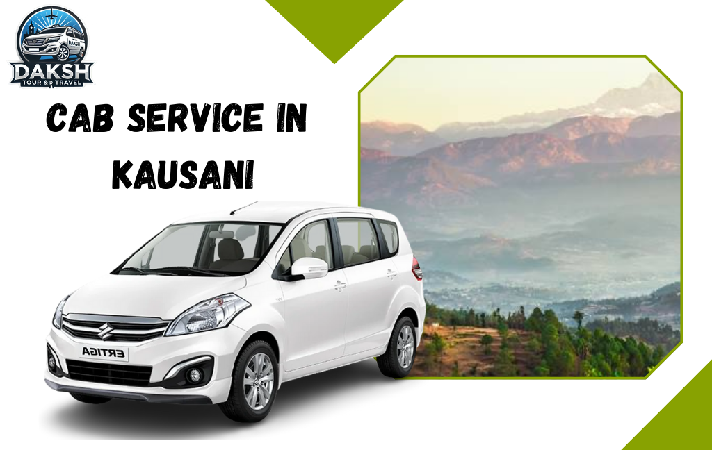 Cab service in Kausani by Daksh Tour and Travel. White Suzuki Ertiga with Kausani city Background