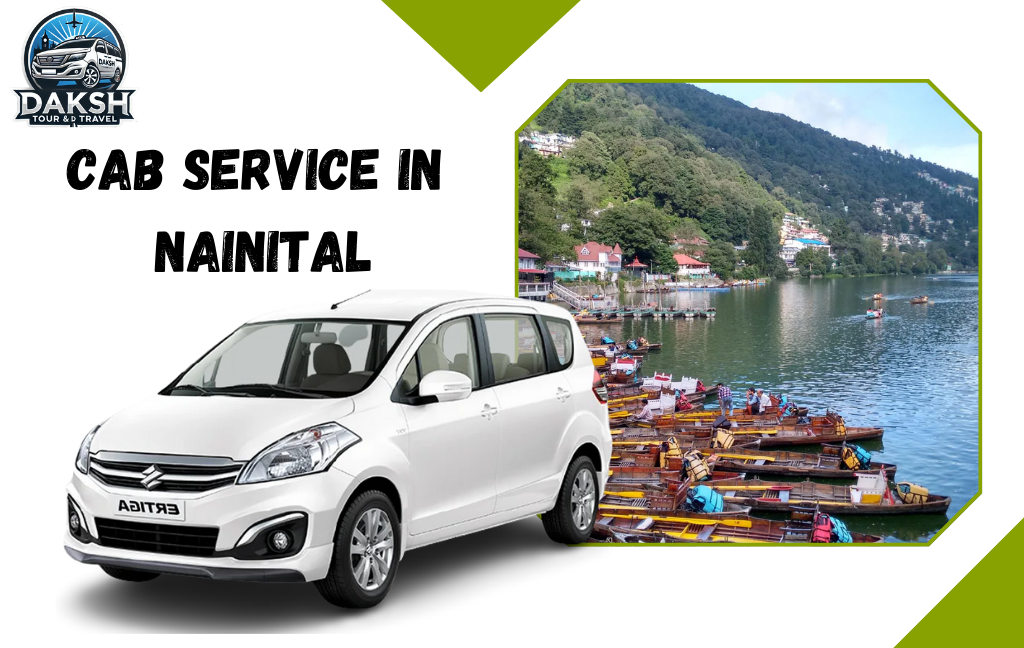 Cab service in Nainital by Daksh Tour and Travel. White Suzuki Ertiga with Nainital city Background